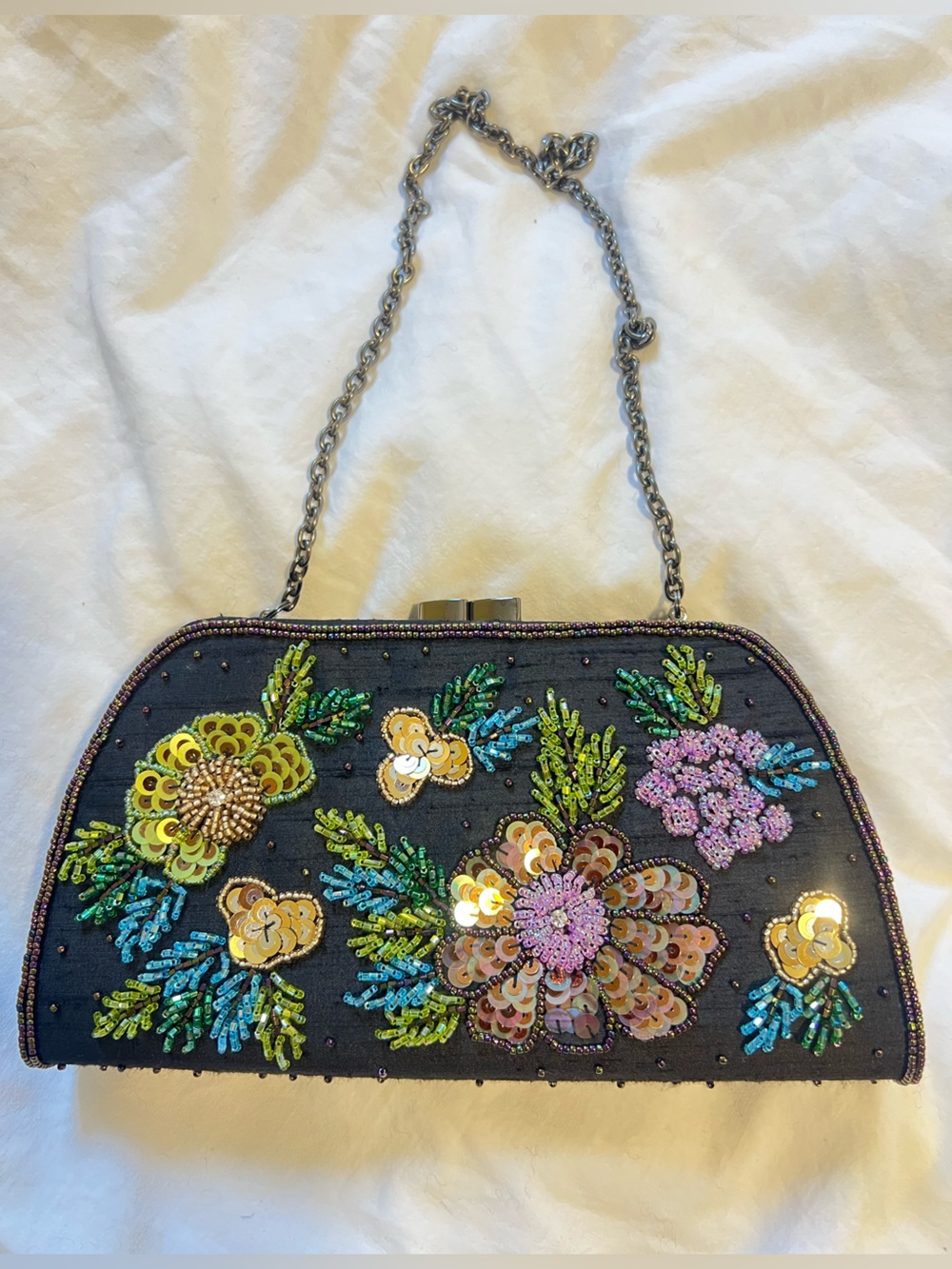 Talbots Black Evening Clutch with Multicolor Sequin Floral Embroidery